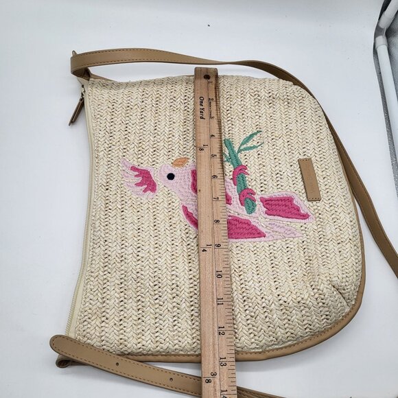 VERA BRADLEY Straw Neutral Crossbody Shoulder Purse Bag Pink Parrot Bird - Picture 8 of 9